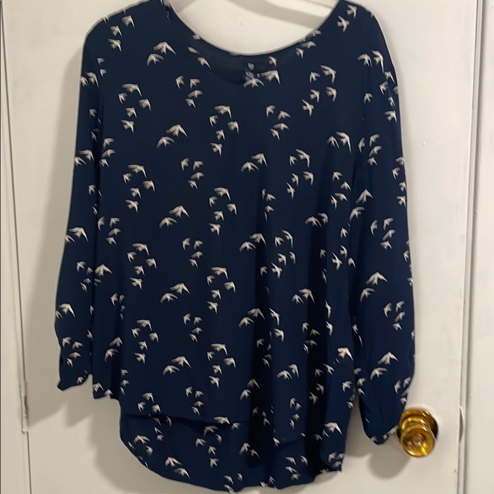 Navy Blue Bird Print Women's Top